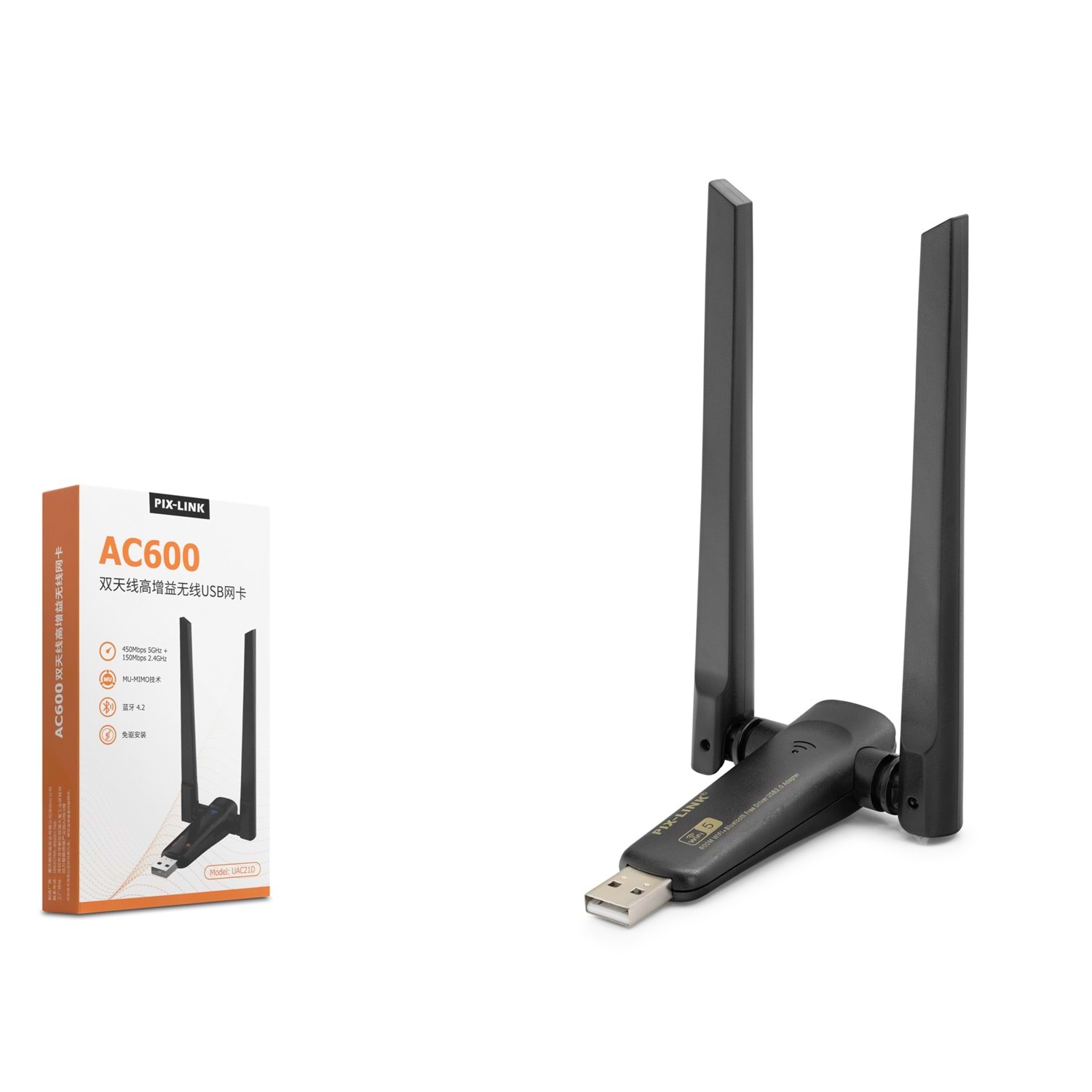 PIXLINK UAC21D USB WiFi Bluetooth Adaptörü AC600 Dual Band 5 GHz WiFi 5 BT 4.2 Siyah