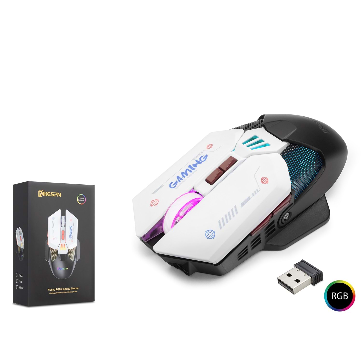 MKESPN W19 Tri Mode RGB Gaming Mouse 10000 DPI 7 Tuş Makro 1000Hz Siyah Beyaz