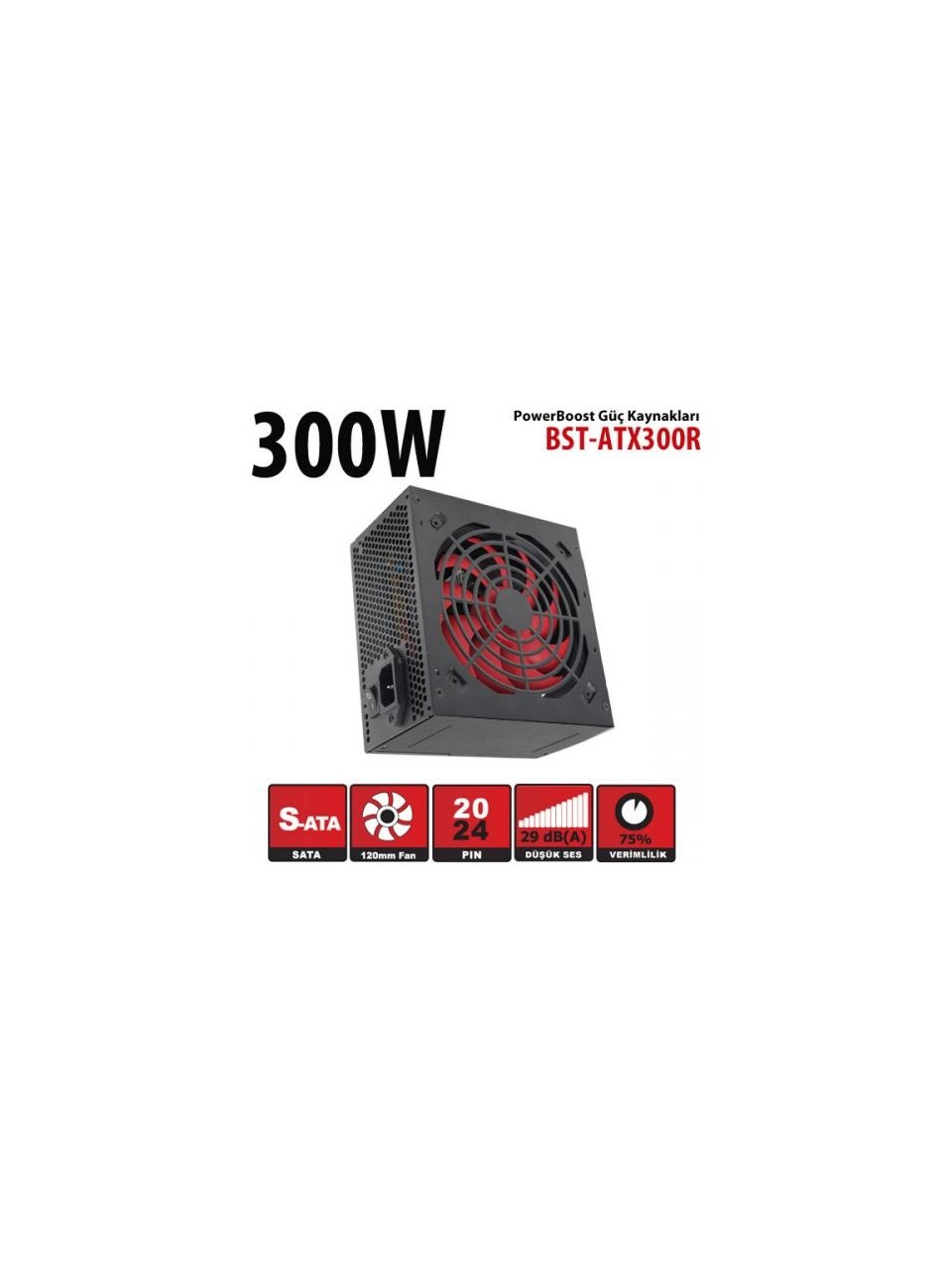 PowerBoost BST-ATX300R 300w, PPFC 12cm Kırmızı Fanlı ATX PSU (Retail Box) Güç Kaynağı