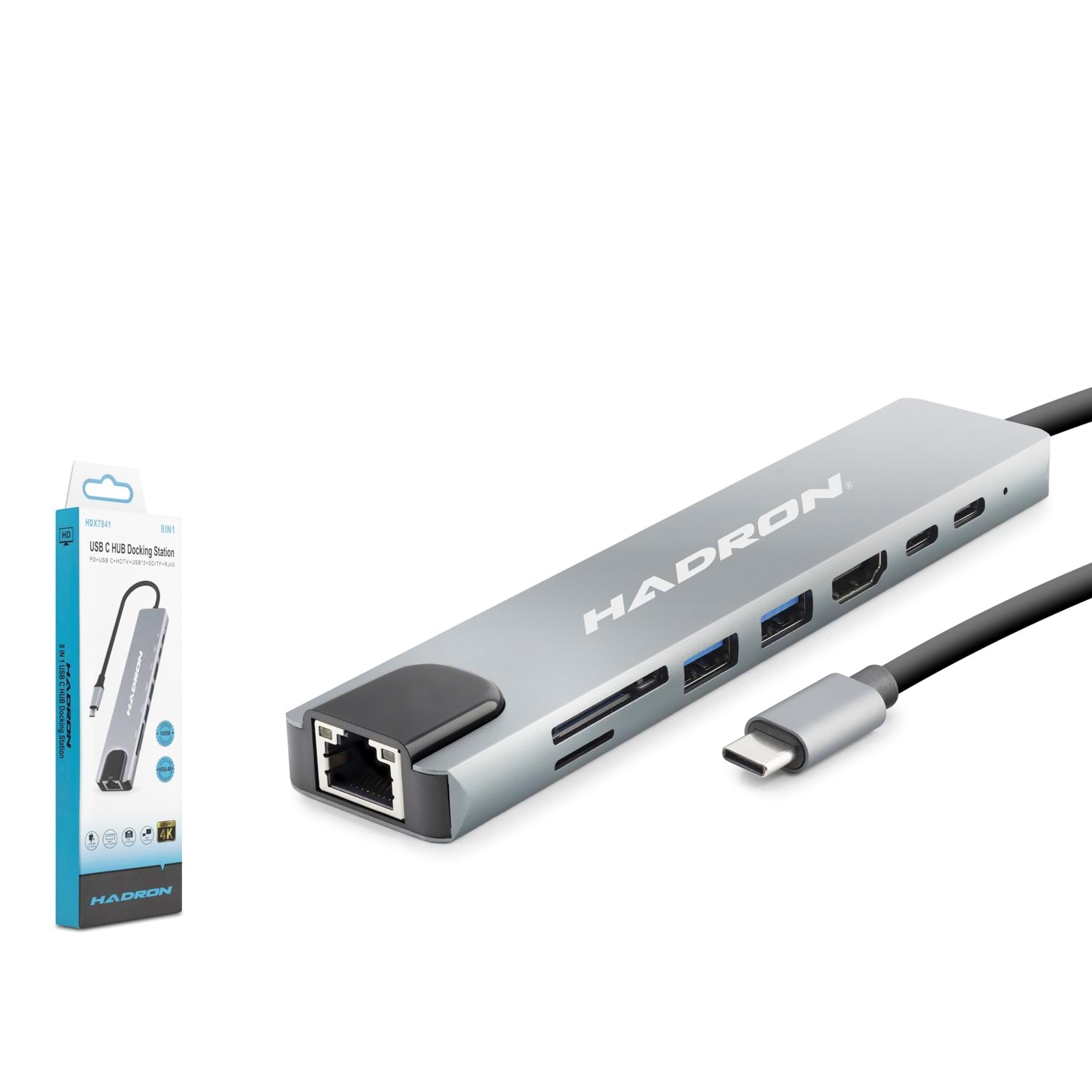 HADRON HDX7841 Type-C Combo Hub HDMI 4K USB 3.0 LAN PD Kart Okuyucu 8 Port Gri