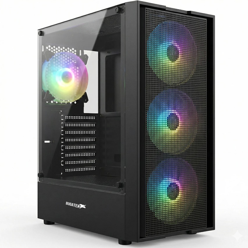 Bugatek Adagan 4x12cm RGB Değişen fan Mid Tower Tempered Cam Gaming Bilgisayar Kasası